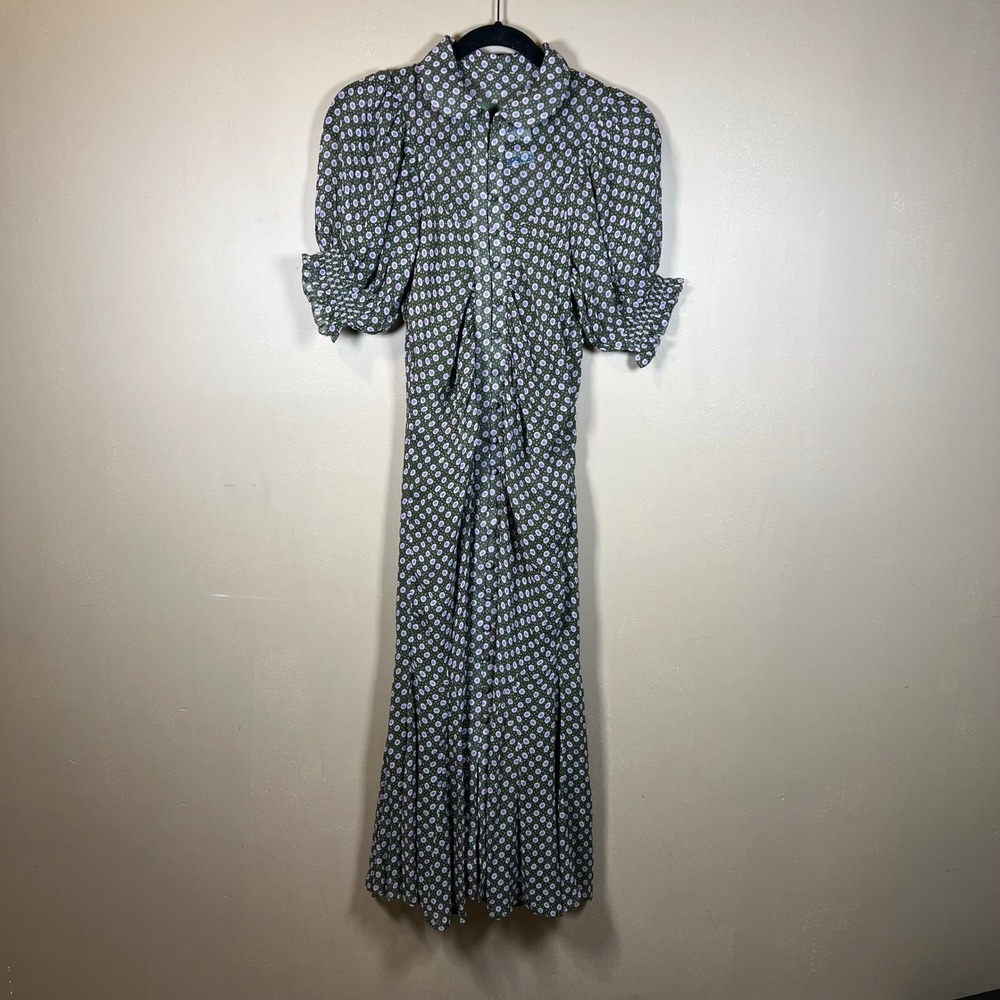 Anthropologie Green Purple Floral Sunburst Puff Sleeve Maxi Dress Size 0 - Picture 2 of 12